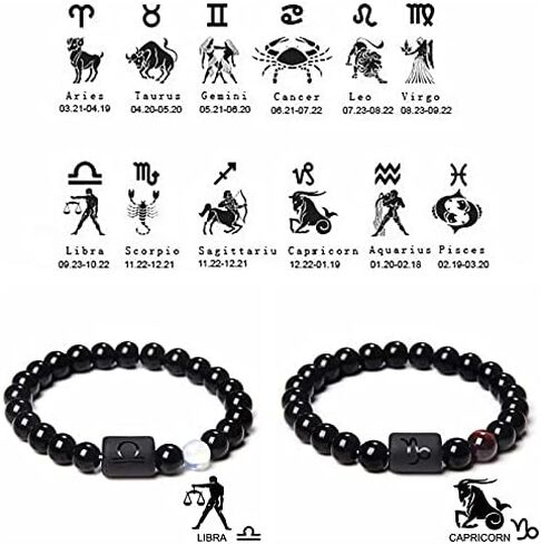 JIAHATE زودياك تمتد أساور الرجال النساء، 8 مم 10 مم حجر العقيق الأسود الطبيعي نجمة زودياك المجوهرات علامة كوكبة ابراج تاريخ الميلاد حبة سوار in Kuwait