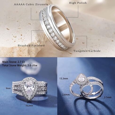 Newshe مجوهرات خواتم الزفاف مجموعات له ولها AAAAA تشيكوسلوفاكيا وعد خواتم للأزواج النساء الرجال الفرقة حجم 4-13 in Kuwait