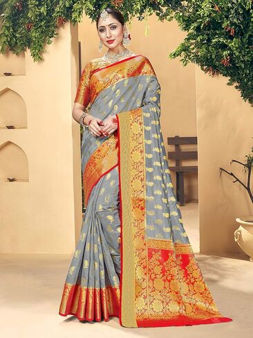 Elina fashion Women Sarees Banarasi Kanjivaram Silk Woven with Unstitched Blouse in Saudi Arabia