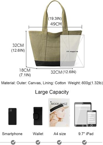 Canvas Tote Bag for Women A4 Large Capacity Handbag with Zipper Shoulder Hobo Bag for Shopping Travel Work in Saudi Arabia