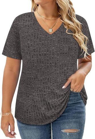 CARCOS Plus Size Tops for Women Short Sleeve Shirts Basic V Neck Summer Tshirts 2024 Casual Tunics XL-5XL in Saudi Arabia