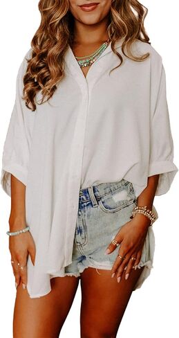 Sidefeel Womens Summer Oversized 3/4 Sleeve Button Down Shirts Side Slit Dressy Casual Blouses Loose Fit Tunic Tops in Kuwait