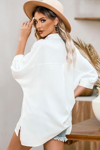 Sidefeel Womens Summer Oversized 3/4 Sleeve Button Down Shirts Side Slit Dressy Casual Blouses Loose Fit Tunic Tops in Kuwait