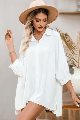 Sidefeel Womens Summer Oversized 3/4 Sleeve Button Down Shirts Side Slit Dressy Casual Blouses Loose Fit Tunic Tops in Kuwait