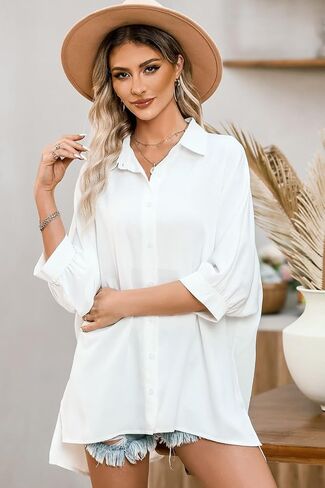 Sidefeel Womens Summer Oversized 3/4 Sleeve Button Down Shirts Side Slit Dressy Casual Blouses Loose Fit Tunic Tops in Kuwait