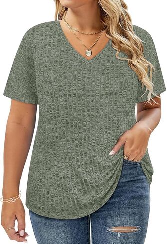 CARCOS Plus Size Tops for Women Short Sleeve Shirts Basic V Neck Summer Tshirts 2024 Casual Tunics XL-5XL in Saudi Arabia