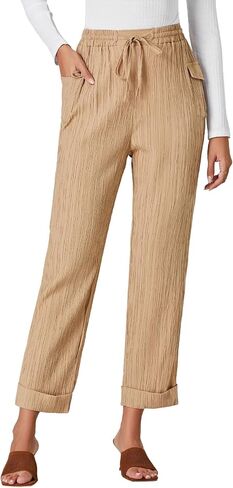 OPOIPIN Women's Casual Pleated Drawstring Elastic High Waist Straight Leg Pants with Pockets in Saudi Arabia