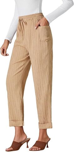 OPOIPIN Women's Casual Pleated Drawstring Elastic High Waist Straight Leg Pants with Pockets in Saudi Arabia