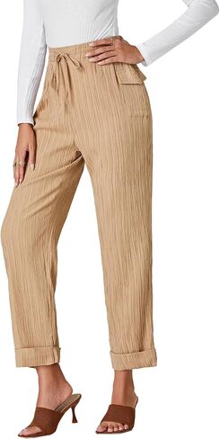OPOIPIN Women's Casual Pleated Drawstring Elastic High Waist Straight Leg Pants with Pockets in Saudi Arabia