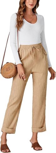 OPOIPIN Women's Casual Pleated Drawstring Elastic High Waist Straight Leg Pants with Pockets in Saudi Arabia