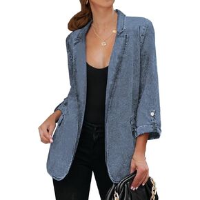 سترة نسائية من Vetinee مفتوحة من الأمام من قماش الدنيم مع طية صدر السترة وأكمام ملفوفة ومغسولة من الجينز in Kuwait