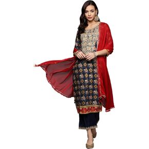 مجموعة INDO ERA الهندية النسائية من مزيج القطن الخردل بزخارف عرقية مطرزة بطول الساق مستقيمة كورتا بالازو مع طقم دوباتا in Kuwait