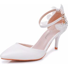 Crystal Queen Women's High Heel Pumps Pointed Closed Toe Sandals White Lace Pearls Strap Stiletto Heels Bridal Wedding Party Shoes