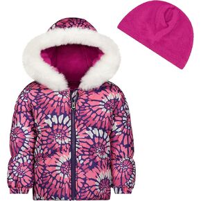 LONDON FOG Baby Girls Hooded Winter Jacket, Hood With Faux Fir Trim With Matching Fleece Beanie