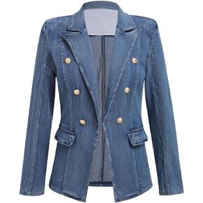 IDOPIP Denim Blazer Jacket for Women Long Sleeve Button Down Casual Work Office Jeans Blazer Open Front Cardigan Blazer Coat