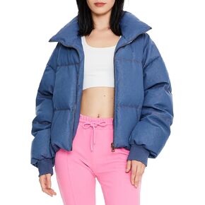 Orolay Women's Denim Puffer Jacket - Stand Collar Baggy Down Coat Cropped Overcoat with Zippered Pockets