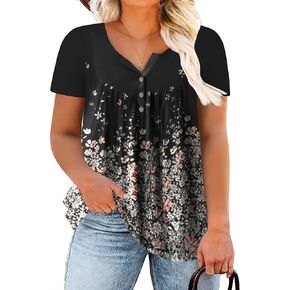 ROSRISS Womens-Plus-Size-Tops-Summer Buttons Up Henley Shirts V Neck Blouses Flowy Pleated Tunics Tee