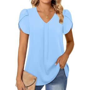 بلوزات نسائية أنيقة من Gaharu، قمصان شيفون كاجوال برقبة على شكل حرف V وأكمام قصيرة، قمصان تونيك in Kuwait