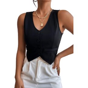 GORGLITTER Women's Elegant Button Front Crop Vest Blazer Sleeveless V Neck Jacket Coat