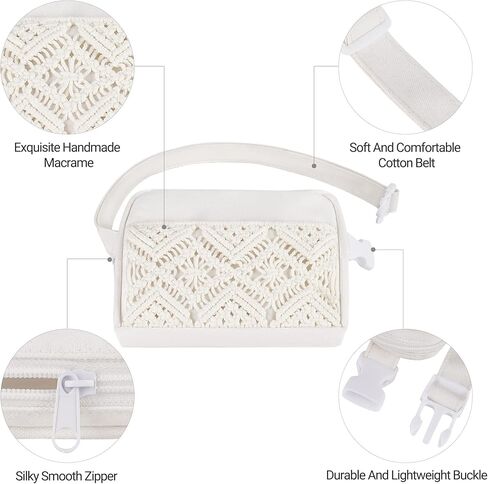 Mkono Belt Bag for Women Fashion Fanny Pack Crossbody Bags, Macrame Cotton Waist Pouch with Adjustable Strap Small Everywhere Hip Bum Bag for Running Hiking Cycling Travel Workout Casual, Beige, Small in Kuwait