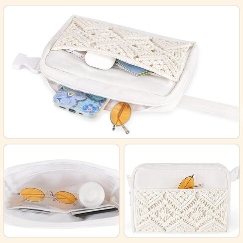 Mkono Belt Bag for Women Fashion Fanny Pack Crossbody Bags, Macrame Cotton Waist Pouch with Adjustable Strap Small Everywhere Hip Bum Bag for Running Hiking Cycling Travel Workout Casual, Beige, Small in Kuwait