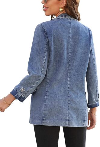 سترة نسائية من Vetinee مفتوحة من الأمام من قماش الدنيم مع طية صدر السترة وأكمام ملفوفة ومغسولة من الجينز in Kuwait