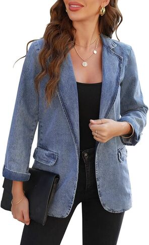 سترة نسائية من Vetinee مفتوحة من الأمام من قماش الدنيم مع طية صدر السترة وأكمام ملفوفة ومغسولة من الجينز in Kuwait