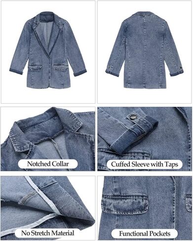 سترة نسائية من Vetinee مفتوحة من الأمام من قماش الدنيم مع طية صدر السترة وأكمام ملفوفة ومغسولة من الجينز in Kuwait