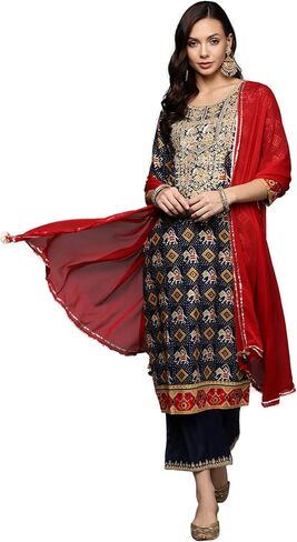 مجموعة INDO ERA الهندية النسائية من مزيج القطن الخردل بزخارف عرقية مطرزة بطول الساق مستقيمة كورتا بالازو مع طقم دوباتا in Kuwait