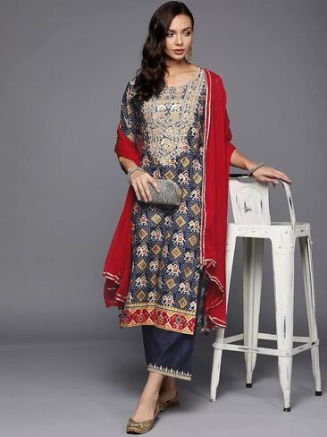 مجموعة INDO ERA الهندية النسائية من مزيج القطن الخردل بزخارف عرقية مطرزة بطول الساق مستقيمة كورتا بالازو مع طقم دوباتا in Kuwait