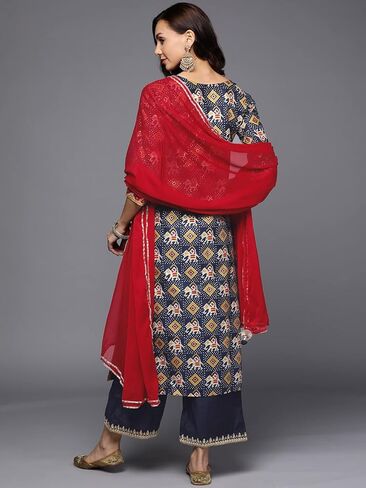 مجموعة INDO ERA الهندية النسائية من مزيج القطن الخردل بزخارف عرقية مطرزة بطول الساق مستقيمة كورتا بالازو مع طقم دوباتا in Kuwait