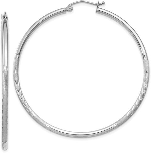 The Black Bow 2mm x 50mm 14k White Gold Satin & Diamond-Cut Round Hoop Earrings in Saudi Arabia