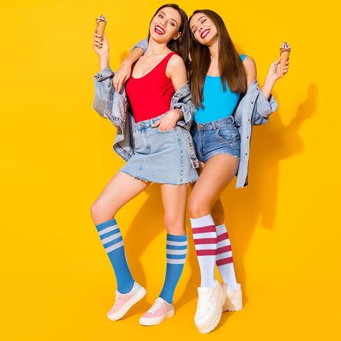 Hercicy 12 Pairs Tube Socks for Women Colorful Knee High Socks Striped Athletic Softball Football Baseball Sport Socks in Kuwait