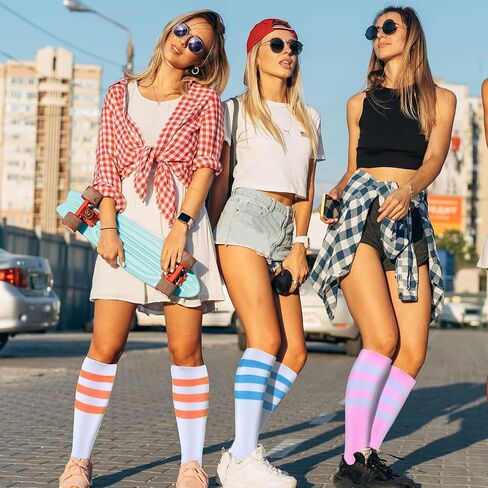 Hercicy 12 Pairs Tube Socks for Women Colorful Knee High Socks Striped Athletic Softball Football Baseball Sport Socks in Kuwait