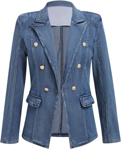 IDOPIP Denim Blazer Jacket for Women Long Sleeve Button Down Casual Work Office Jeans Blazer Open Front Cardigan Blazer Coat in Saudi Arabia