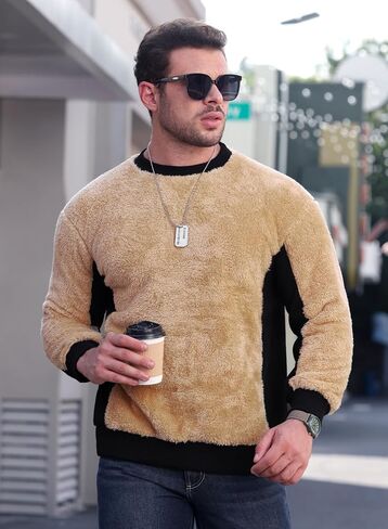 Mainfini Men's Fuzzy Sherpa Pullover Sweatshirts Fleece Fluffy Long Sleeve in Saudi Arabia
