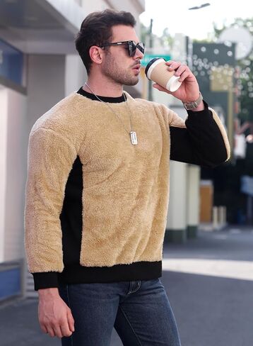 Mainfini Men's Fuzzy Sherpa Pullover Sweatshirts Fleece Fluffy Long Sleeve in Saudi Arabia