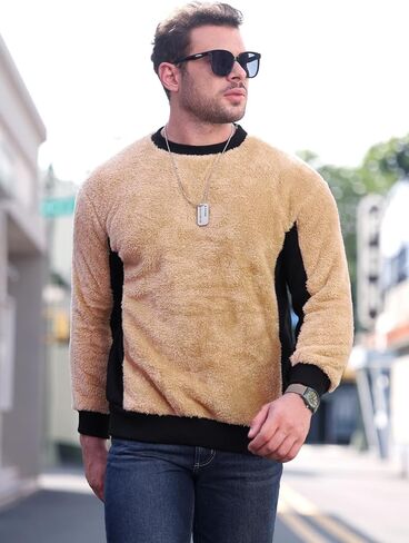 Mainfini Men's Fuzzy Sherpa Pullover Sweatshirts Fleece Fluffy Long Sleeve in Saudi Arabia