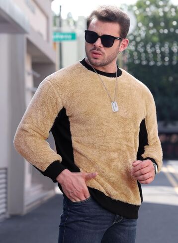 Mainfini Men's Fuzzy Sherpa Pullover Sweatshirts Fleece Fluffy Long Sleeve in Saudi Arabia
