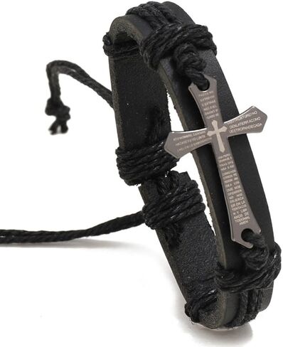 YWMAN Religious Cross Leather Bracelet - Punk Style Leather Wristbands Cuff - Adjustable Bangle Braided Jewelry for Men in Kuwait