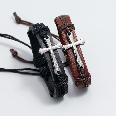 YWMAN Religious Cross Leather Bracelet - Punk Style Leather Wristbands Cuff - Adjustable Bangle Braided Jewelry for Men in Kuwait