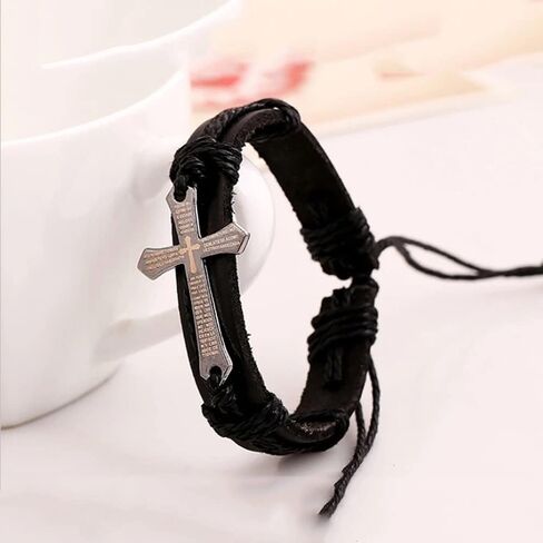YWMAN Religious Cross Leather Bracelet - Punk Style Leather Wristbands Cuff - Adjustable Bangle Braided Jewelry for Men in Kuwait