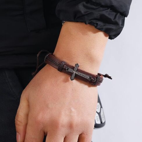YWMAN Religious Cross Leather Bracelet - Punk Style Leather Wristbands Cuff - Adjustable Bangle Braided Jewelry for Men in Kuwait