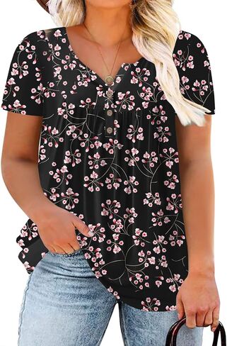 ROSRISS Womens-Plus-Size-Tops-Summer Buttons Up Henley Shirts V Neck Blouses Flowy Pleated Tunics Tee in Saudi Arabia