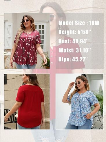 ROSRISS Womens-Plus-Size-Tops-Summer Buttons Up Henley Shirts V Neck Blouses Flowy Pleated Tunics Tee in Saudi Arabia