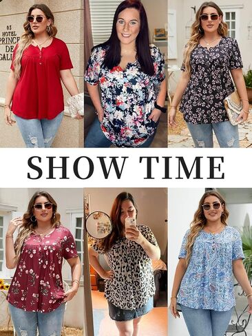 ROSRISS Womens-Plus-Size-Tops-Summer Buttons Up Henley Shirts V Neck Blouses Flowy Pleated Tunics Tee in Saudi Arabia