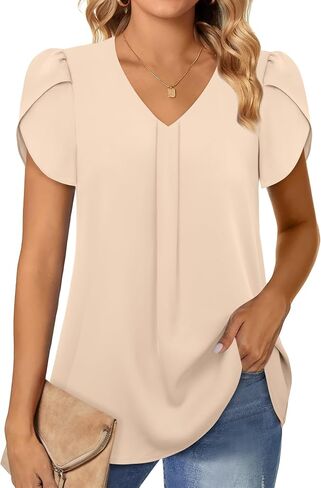 Gaharu Women's Dressy Blouses Casual V Neck Chiffon Shirts Short Sleeve Tunic Tops in Saudi Arabia