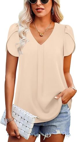 Gaharu Women's Dressy Blouses Casual V Neck Chiffon Shirts Short Sleeve Tunic Tops in Saudi Arabia