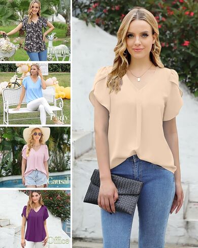 Gaharu Women's Dressy Blouses Casual V Neck Chiffon Shirts Short Sleeve Tunic Tops in Saudi Arabia