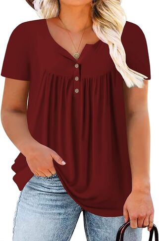 ROSRISS Womens-Plus-Size-Tops-Summer Buttons Up Henley Shirts V Neck Blouses Flowy Pleated Tunics Tee in Saudi Arabia